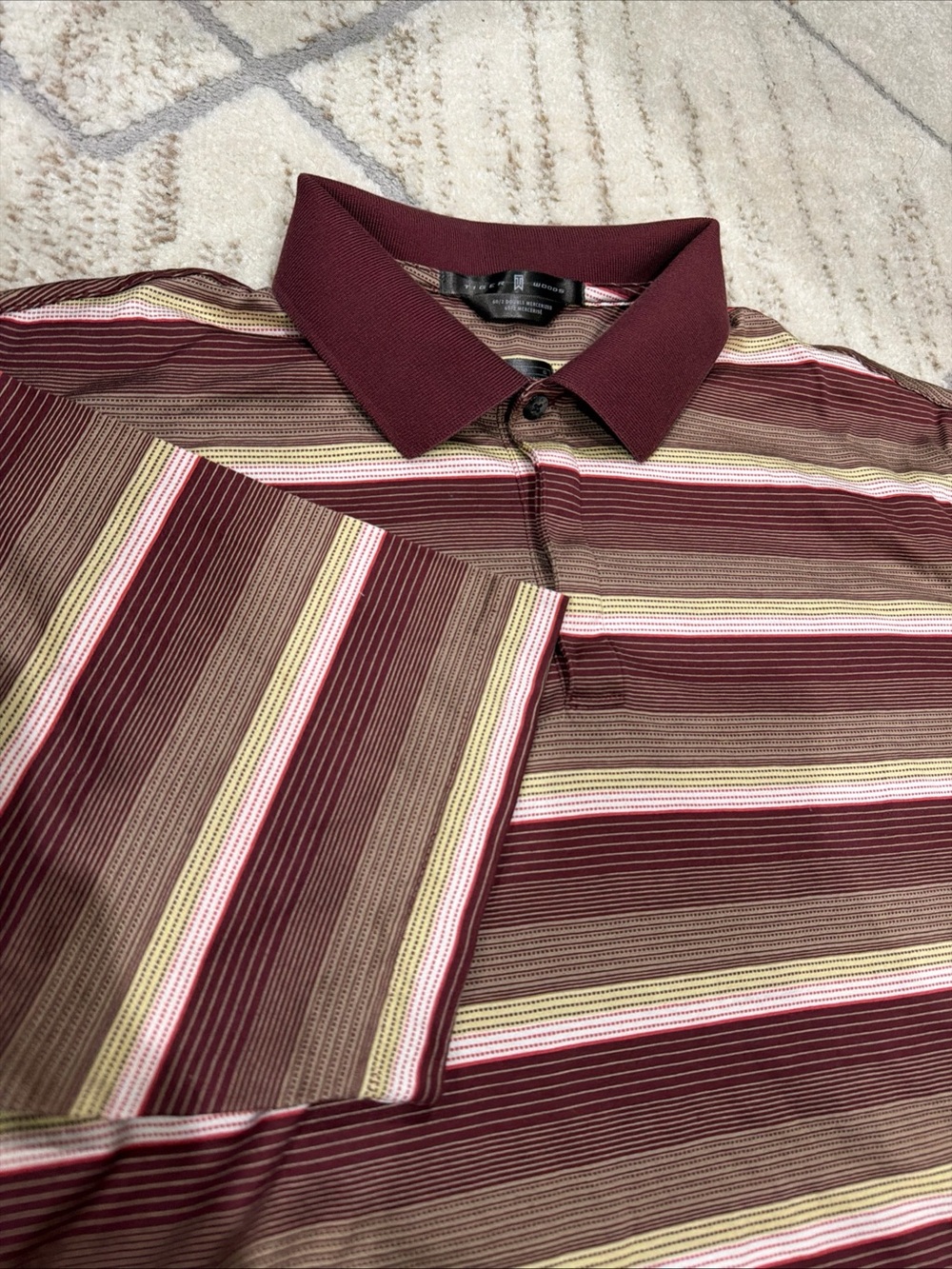Nike Golf Tiger Woods Polo 60/2 Double Mercerized Striped Shirt Maroon Men Large